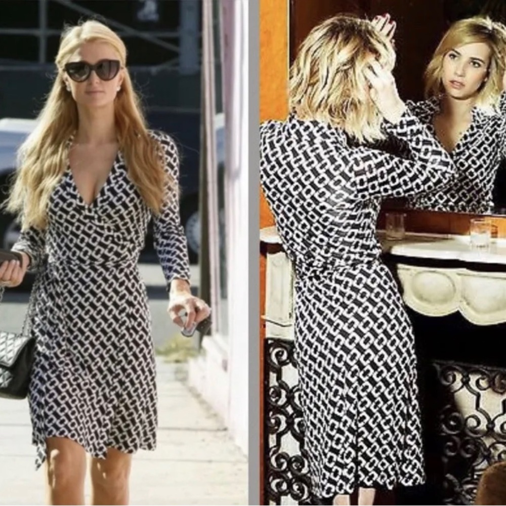Diane Von Furstenberg New Silk Jeanne Two Chain-Print Wrap Dress NWT Sz Large